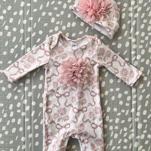 Baby Essentials Pink Ribbon and Floral One Piece with Hat